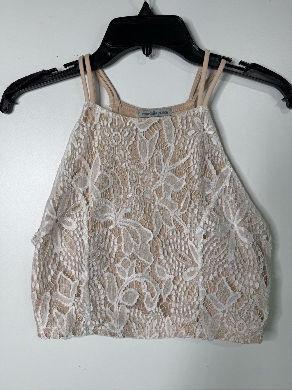 Charlotte Russe Cream Lace Halter Bralette with Nude Lining